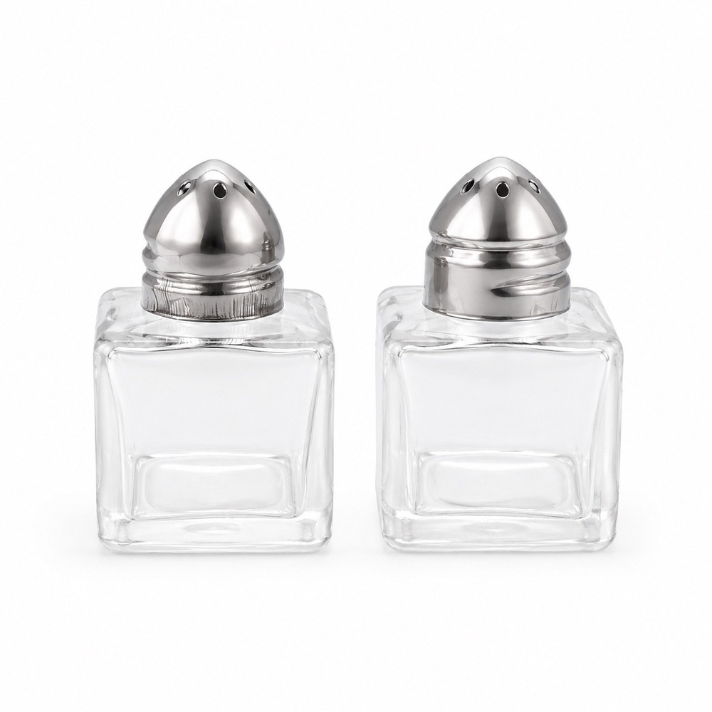 Square Glass Salt and Pepper Shakers Set Chrome Metal Lids Clear Kitchen Dining